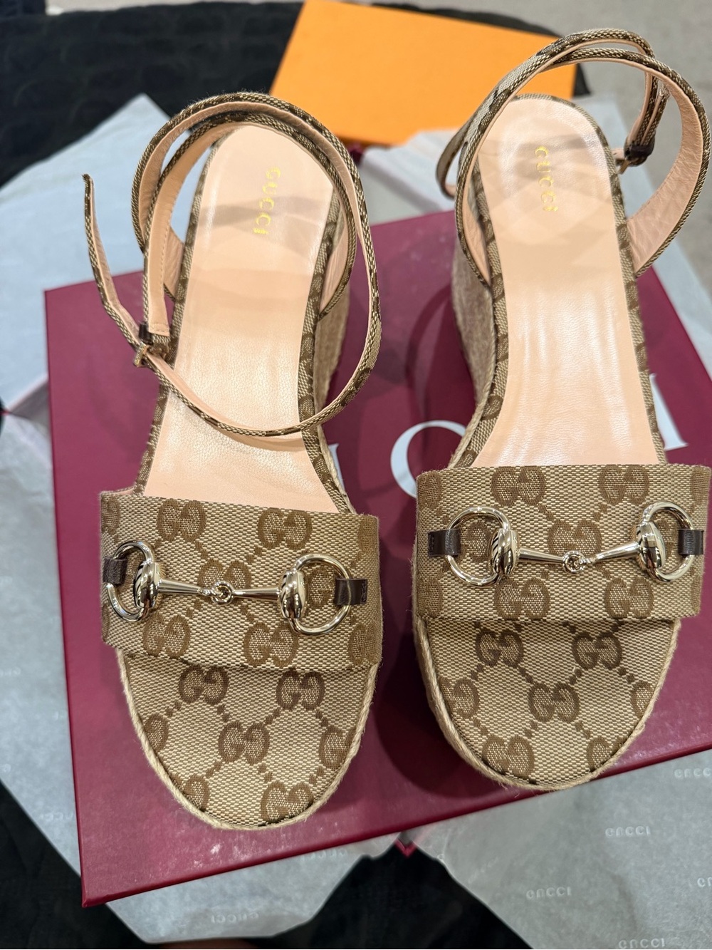 Gucci Brown Monogram Canvas Horsebit Block Heel Slingbacks